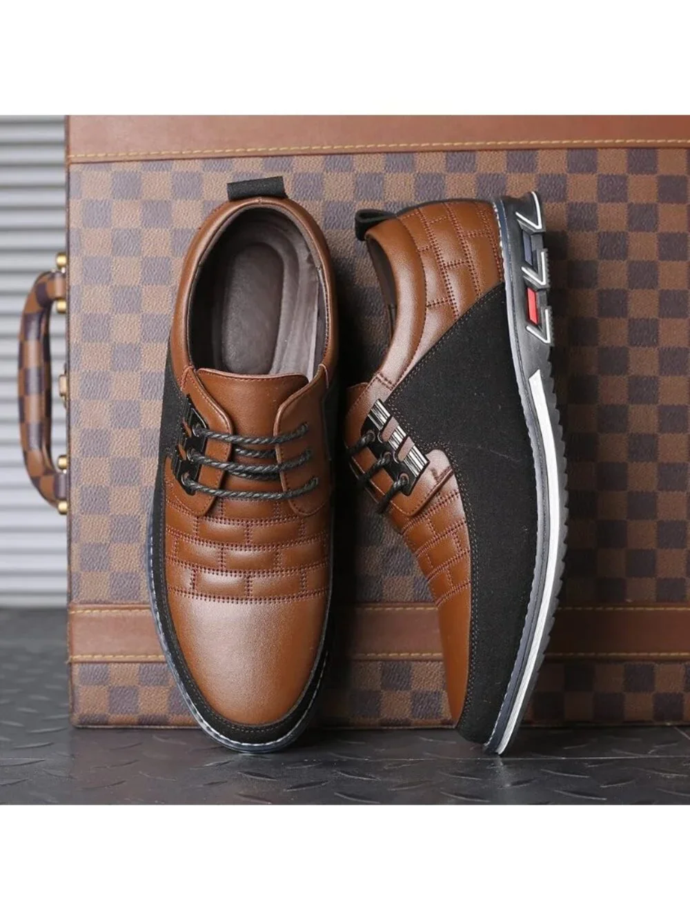 Men's Brown Plaid Grid Lace-up Leather Business Orthopedic Oxford Derby Shoes